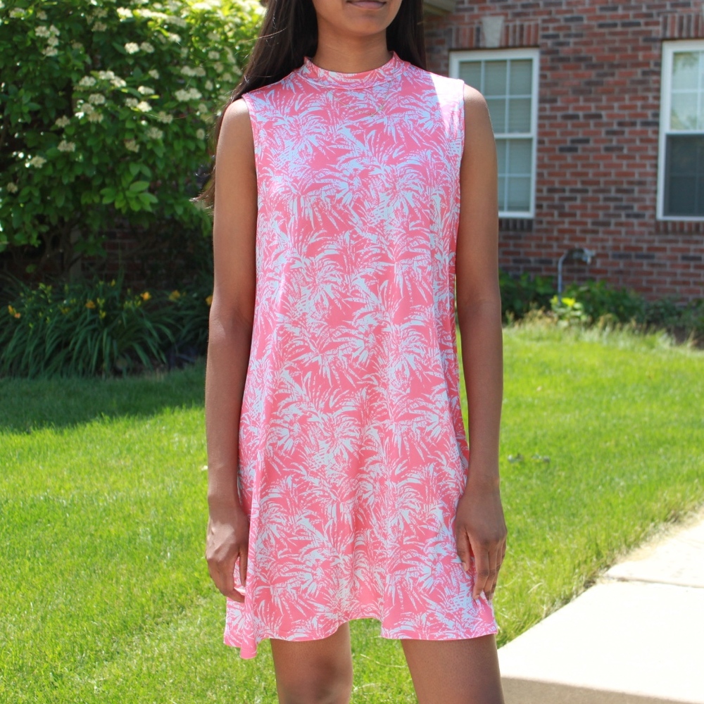 NEW!! Fuchsia Close Neck Printed Swing Dress - Picture 1 of 8